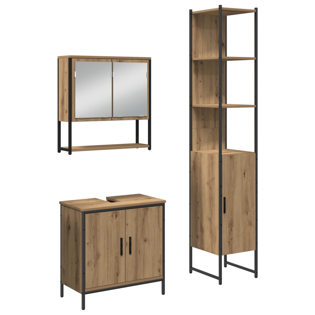 Set di Mobili da Bagno in 3 Pezzi in Rovere Artigianale in Legno Ingegnerizzato