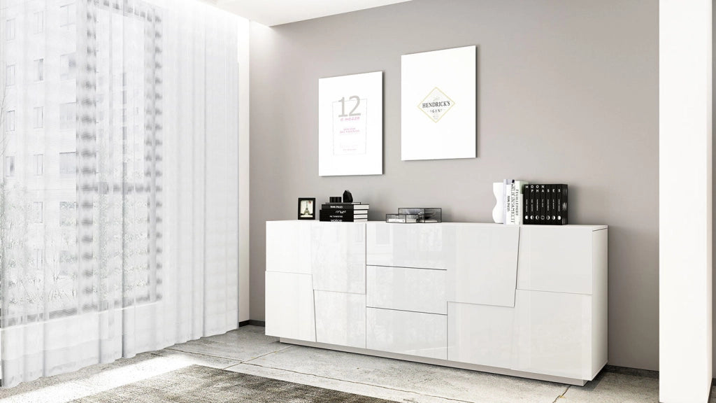 Credenza 4 Ante 3 Cassetti 220x44x86 cm Pongo 4A 3C Bianco Lucido