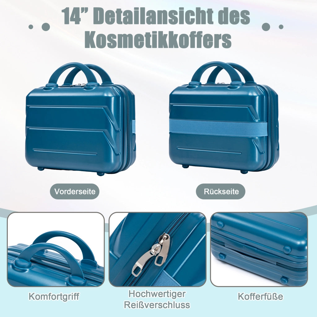 Set di valigie rigide in ABS con ruote piroettanti a 360° e vanity case rimovibile blu scuro
