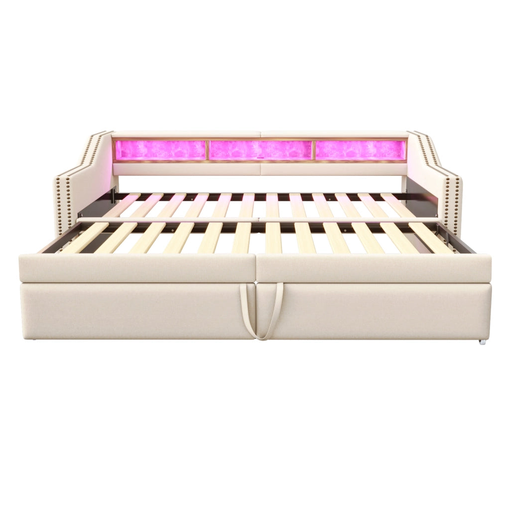 Divano letto imbottito estraibile 90/180 x 200 cm beige con LED e USB