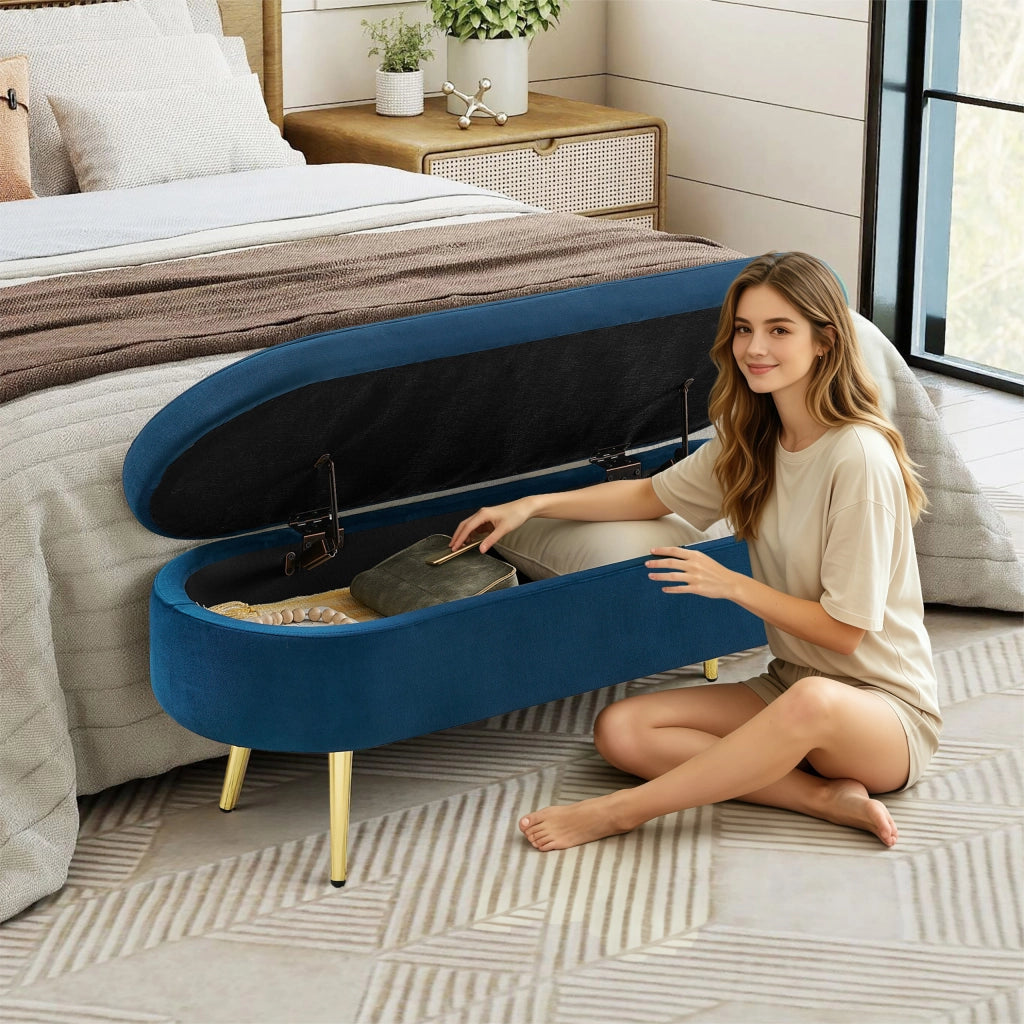 Panca Contenitore Multifunzione ¨C MINIMAL ¨C Velluto, Metallo, Legno Massello, Blu, 110x40x42cm