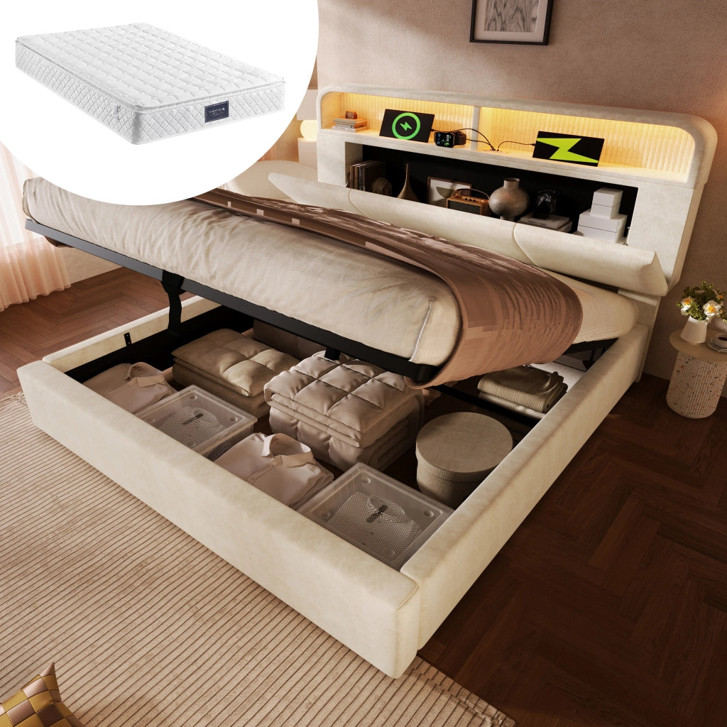 OKWISH Letto contenitore 160×200 cm, Letto Matrimoniale con LED Regolabile, USB, Tipo C e Testiera Regolabile, con Materasso, in Velluto, Beige