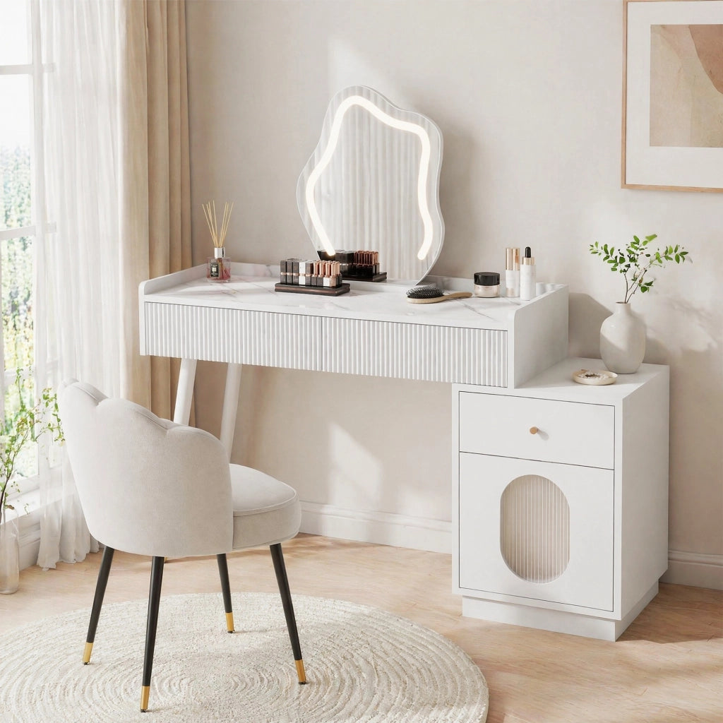 Tavolo da trucco con specchio LED e illuminazione, colore bianco, con due cassetti e mobile laterale, 100 x 75 x 40 cm