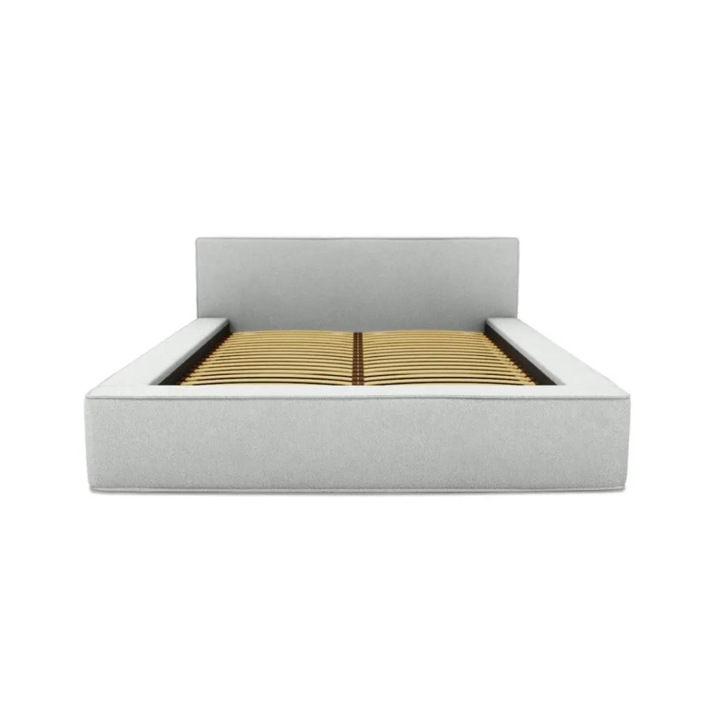 Letto contenitore VELORA – Bianco riccio – 140x200 cm – Tessuto effetto lana – Rete sollevabile – Contenitore integrato