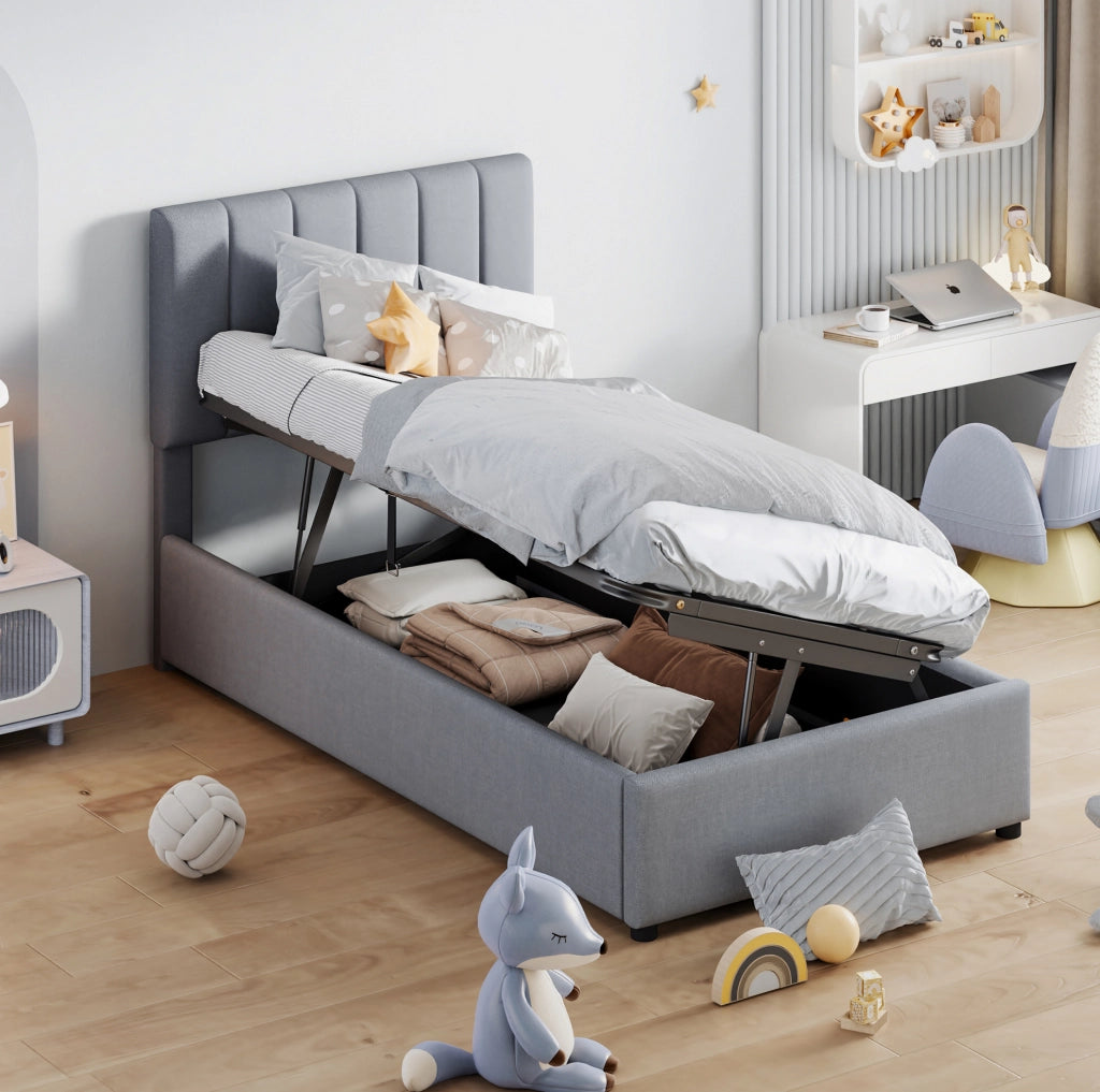 Letto imbottito 90x200 cm con contenitore idraulico e testiera regolabile