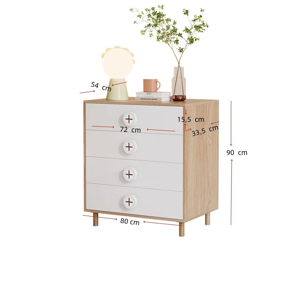 Comò 80x54x90 cm naturale e bianco in MDF, 4 cassetti