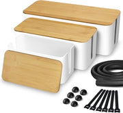 Organizzatore cavi con rivestimento in bambù - archiviazione e raccolta di prese - tavolo e scrivania - bianco.