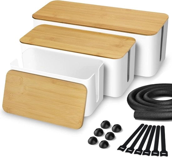 Organizzatore cavi con rivestimento in bambù - archiviazione e raccolta di prese - tavolo e scrivania - bianco.