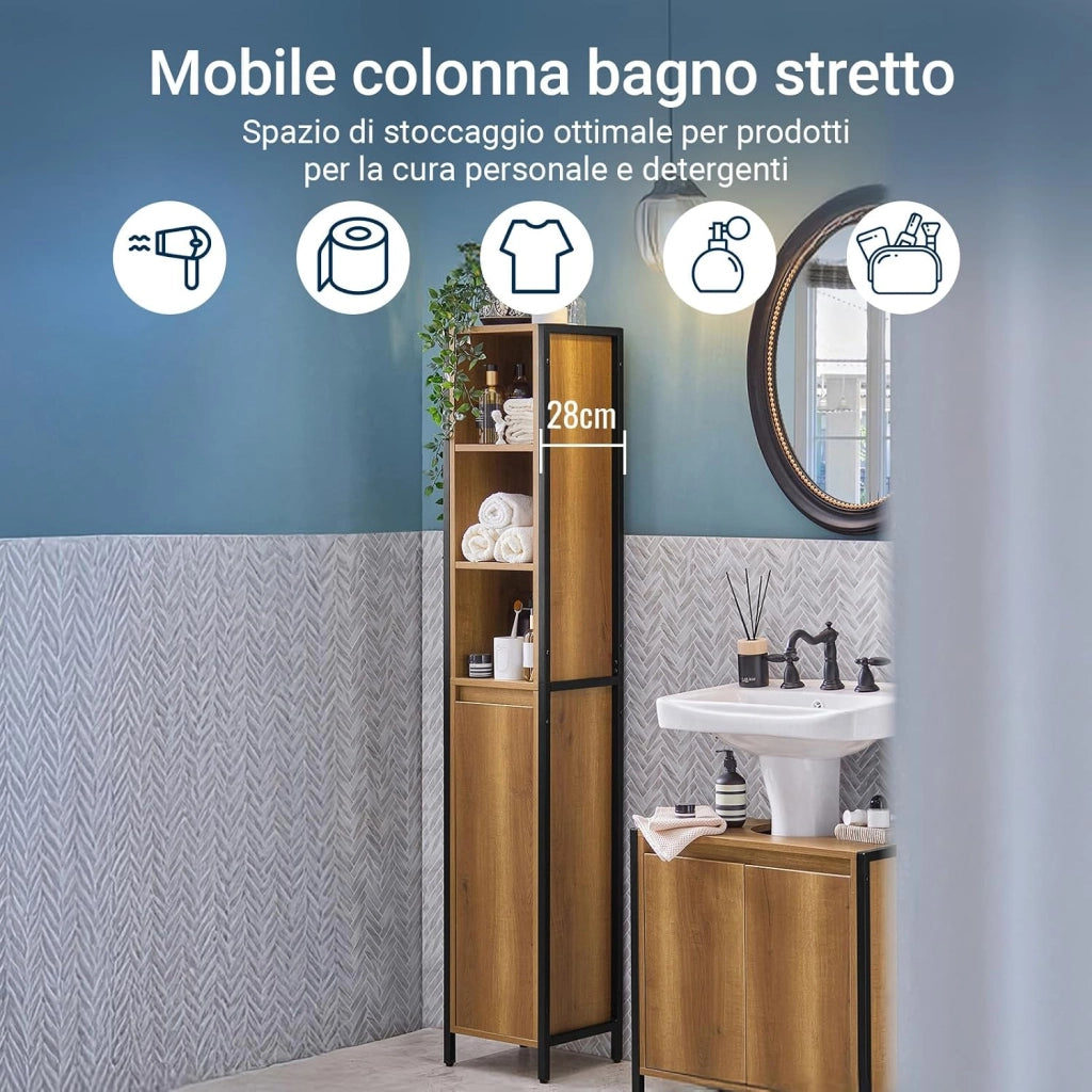 Colonna Bagno Alta e Stretta con 3 Ripiani Aperti e 1 Anta – Mobiletto Salvaspazio Vintage in Metallo e Legno 30x168x28cm BZR62-PF