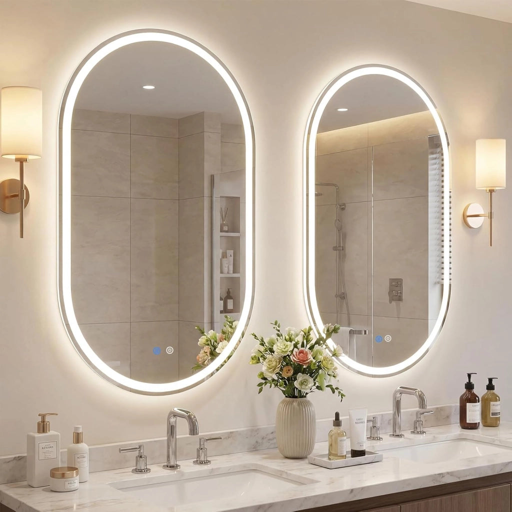 Specchio Bagno con Luce 90 x 55 cm, Specchio Ovale da Parete in Vetro Temperato IP44 con 3 Colori Dimmerabile, Antiappannamento, Memoria, Orizzontale/Verticale (90 x 55 cm, Modello 2)
