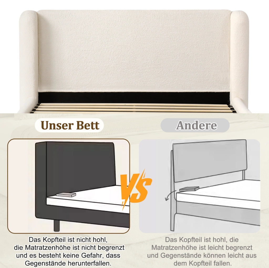 Letto imbottito con contenitore idraulico in bouclé beige