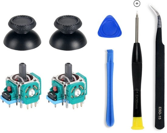 Set di riparazione per il joystick di un controller compatibile con PS5 con chiave a L, pinza e coperture joystick.