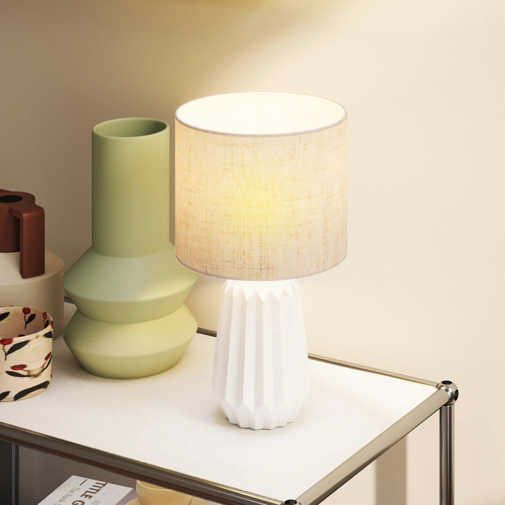 Lampada da Tavolo Ceramica ¨C Xylo ¨C Paralume Lino Bianco e Beige 40W