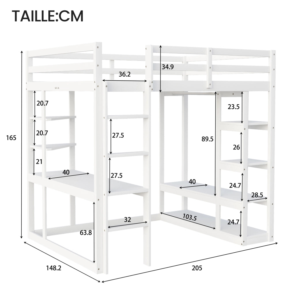 OKWISH Letto a soppalco 140×200 cm, Letto Matrimoniale con Scrivania, Mensole e Appendiabiti, senza Materasso, in Legno, Bianco