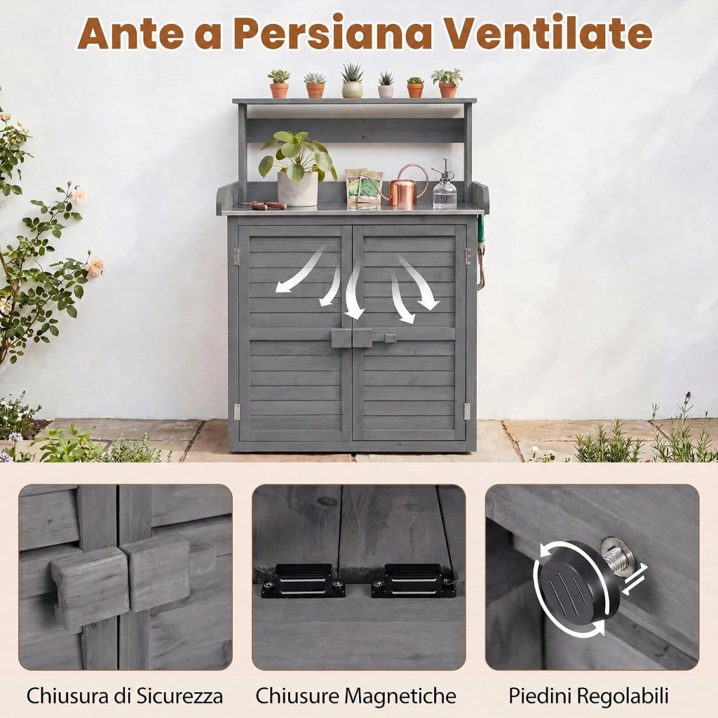 Armadietto da Esterno in Legno a 2 Livelli (Grigio) | con Piano in Metallo Zincato, 3 Ganci Appendiabiti, Ripiani Rimovibili e Ante a Doghe, da Giardino, Balcone e Cortile