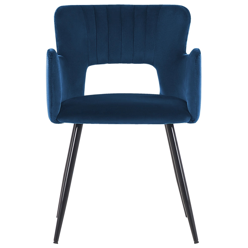 Set di 2 sedie da pranzo velluto blu marino braccioli schienale intagliato gambe in metallo moderna industriale