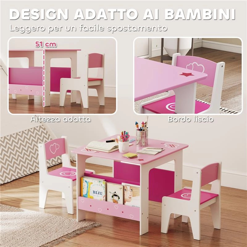 SET TAVOLO CON 2 SEDIE PER BAMBINI 3-8 ANNI, TAVOLINO CON SCAFFALE IN LEGNO MDF CON DISEGNI A CUORI, ROSA