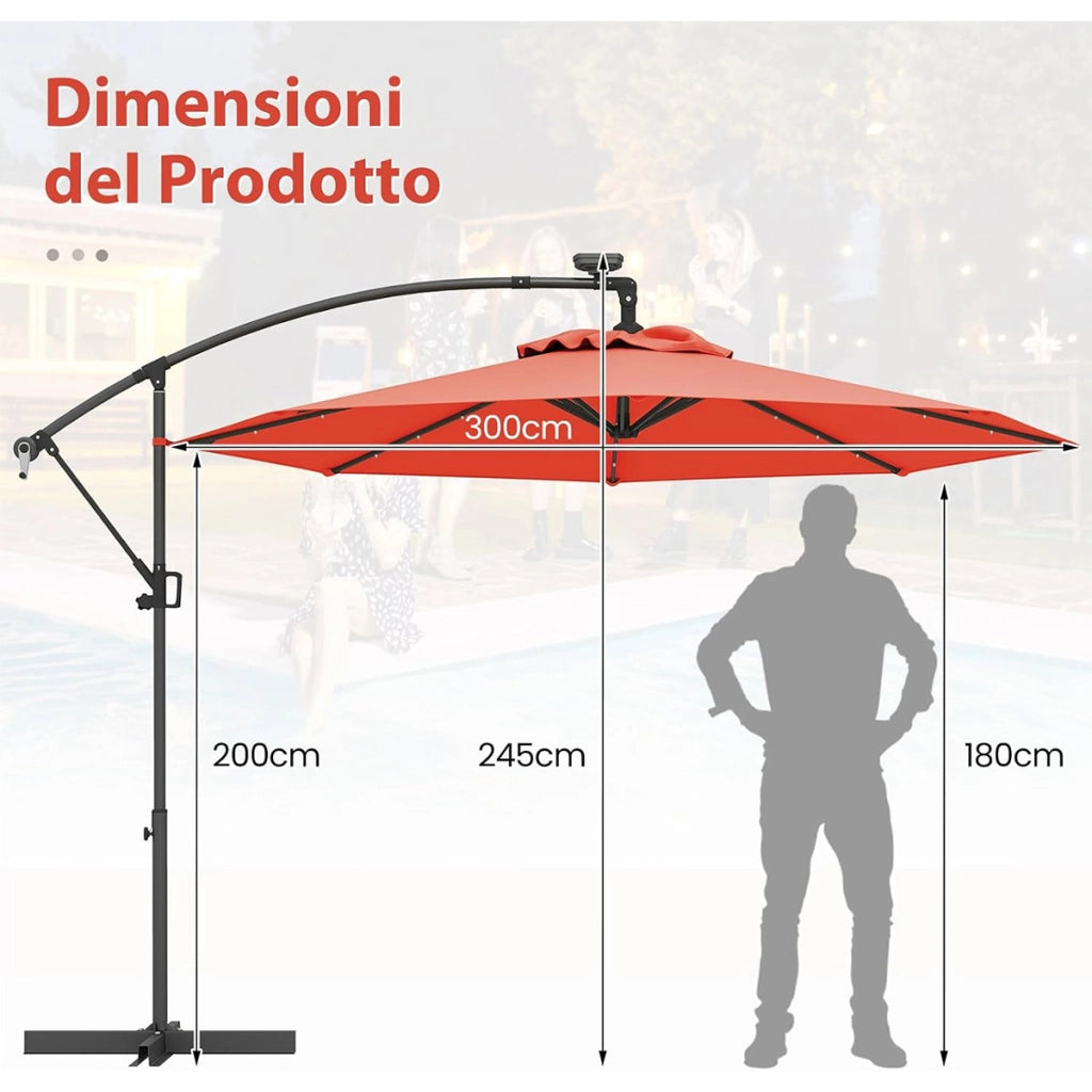 Ombrellone da giardino 300 cm con 32 luci led per piscina e altri spazi esteriori-Ombrellone girevole con inclinazione regolabile esteriori  Arancione