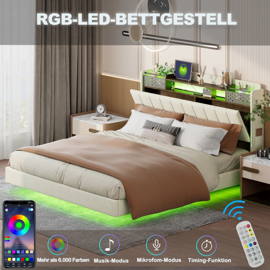 LETTO Imbottito 160x200 cm Beige in tessuto lino con USB e LED