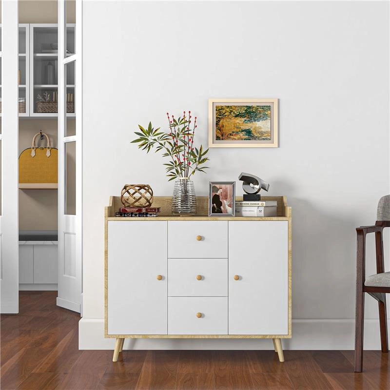 CREDENZA MODERNA IN TRUCIOLATO E LEGNO DI PINO CON 3 CASSETTI E 2 ARMADIETTI A 2 LIVELLI, 90X32X80A CM