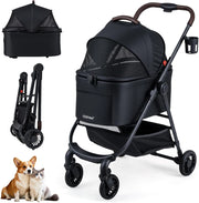 3-in-1 Passeggino per Cani, Carrozzina per Cani Rimovibile Fino a 15 kg con Tetto in Rete Regolabile, Cesto Portaoggetti e Cintura di Sicurezza, Passeggino Portatile per Cagnolino (Nero)