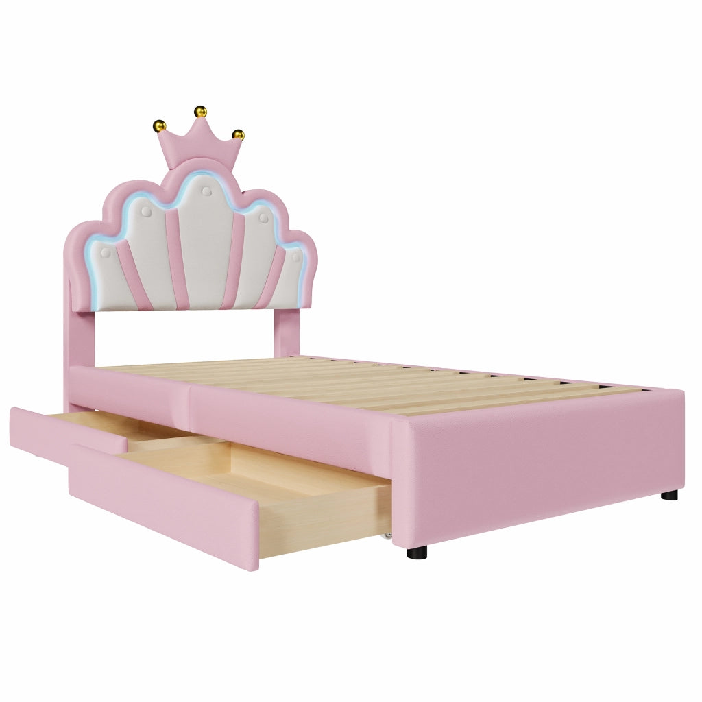 Letto singolo Princess imbottito 90x200cm con 2 cassetti e forma di corona in PU rosa
