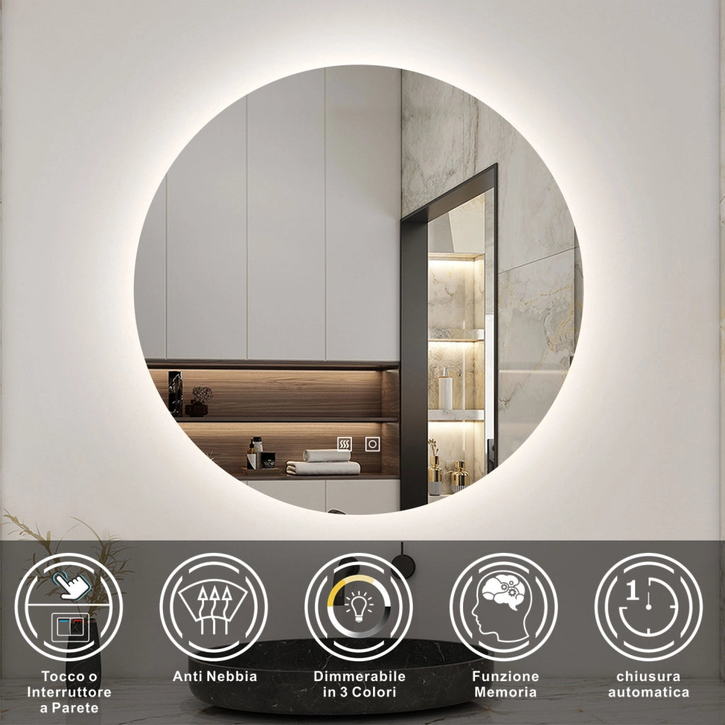 Aica Specchio da bagno a LED+Diametro 90cm+3 Temperature di Colore+Disappannamento+Retroilluminato
