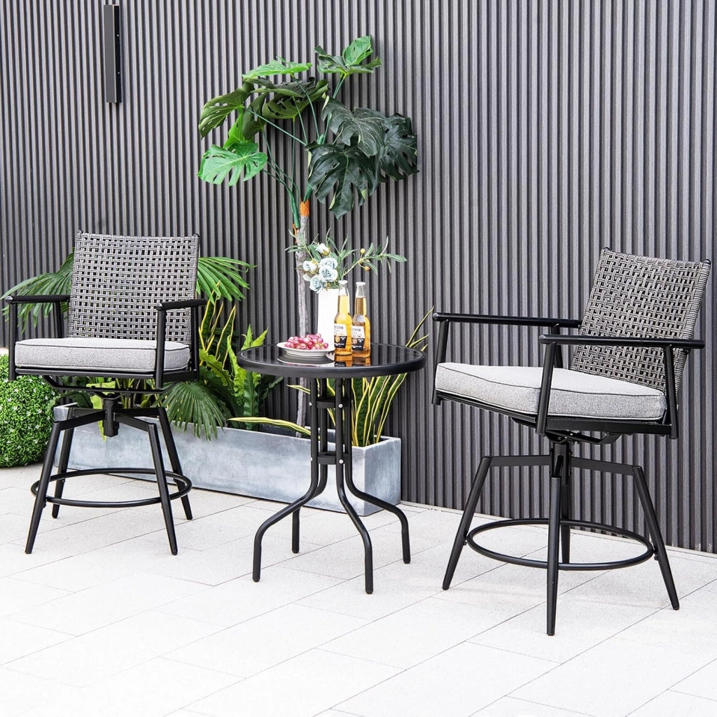 Set di 2 sgabelli da bar girevoli, con schienale in rattan e telaio in metallo, sedia da giardino con cuscino rimovibile, sgabello da bistrò, sedia girevole per esterni, colore nero