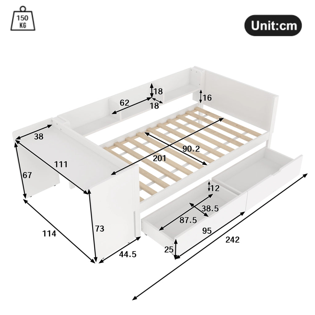Letto singolo 90x200 cm con scrivania, cassetti e ripiani