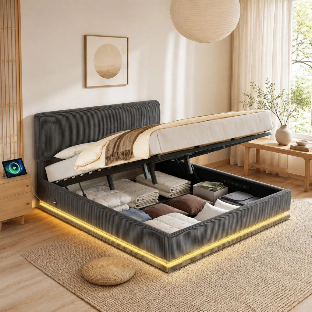 Letto imbottito 140x200 cm con LED; USB-C e testiera regolabile in corduroy grigio scuro