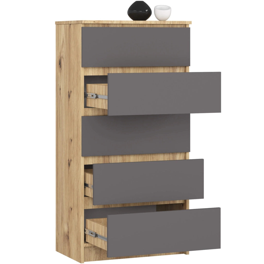 Cassettiera AKORD K60 Cassettiera Quercia Artisan 60 cm 5 cassetti inserto frontale Grigio Grafite 60x40x121 cm