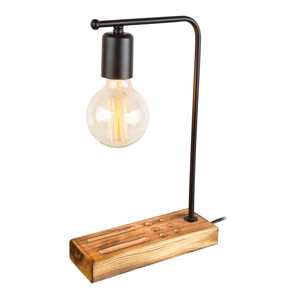 Lampada da Tavolo 'Lincoln' Senza Paralume Base in Legno con Portapenne e Porta Cellulare - Nero/Legno  [lux.pro]