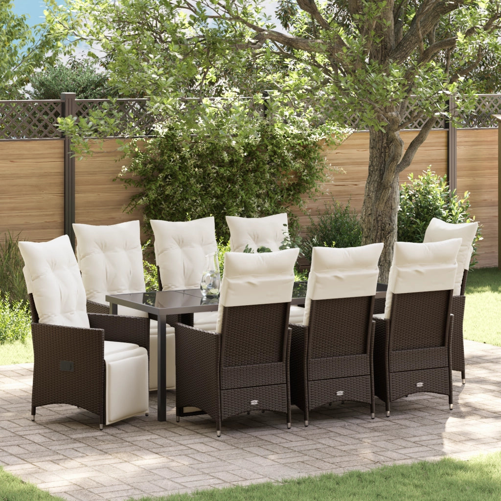 Set da Pranzo da Giardino 9 Pezzi Con Cuscini Marrone in Rattan Sintetico