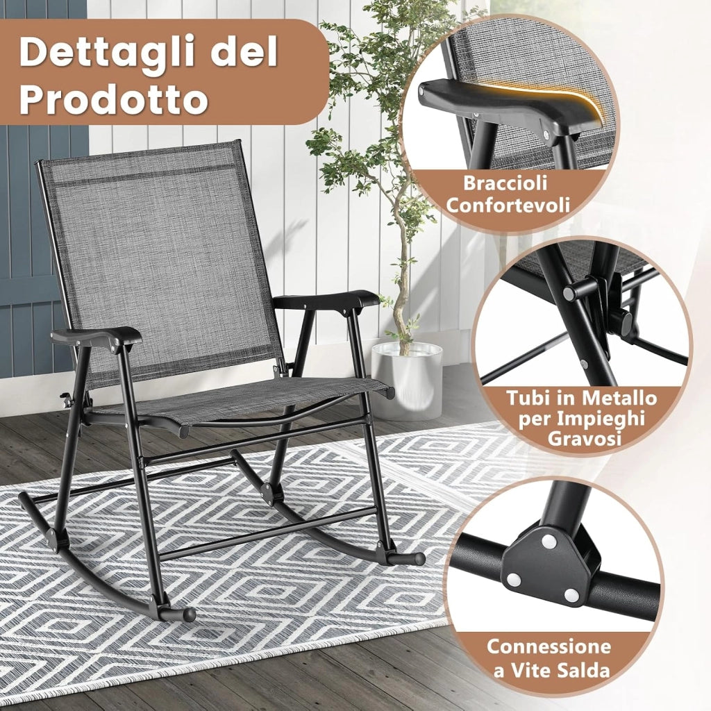Set di 2 Sedie a Dondolo Pieghevoli, Dondoli da Esterno con Seduta Traspirante e Struttura in Metallo, Dondolo da Esterno Robusto per Giardino, Portico