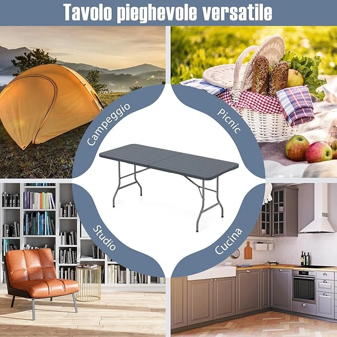Tavolo Pieghevole Giardino da 180 cm, Tavolo Picnic in HDPE, con Meccanismo di Blocco Sicuro, Tavolo Esterno per per Festa, Picnic, Campeggio, Portata 160 kg