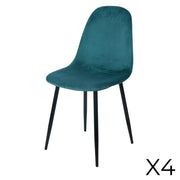 Set di 4 sedie LOLY, seduta e schienale in velluto blu petrolio, struttura in metallo nero.