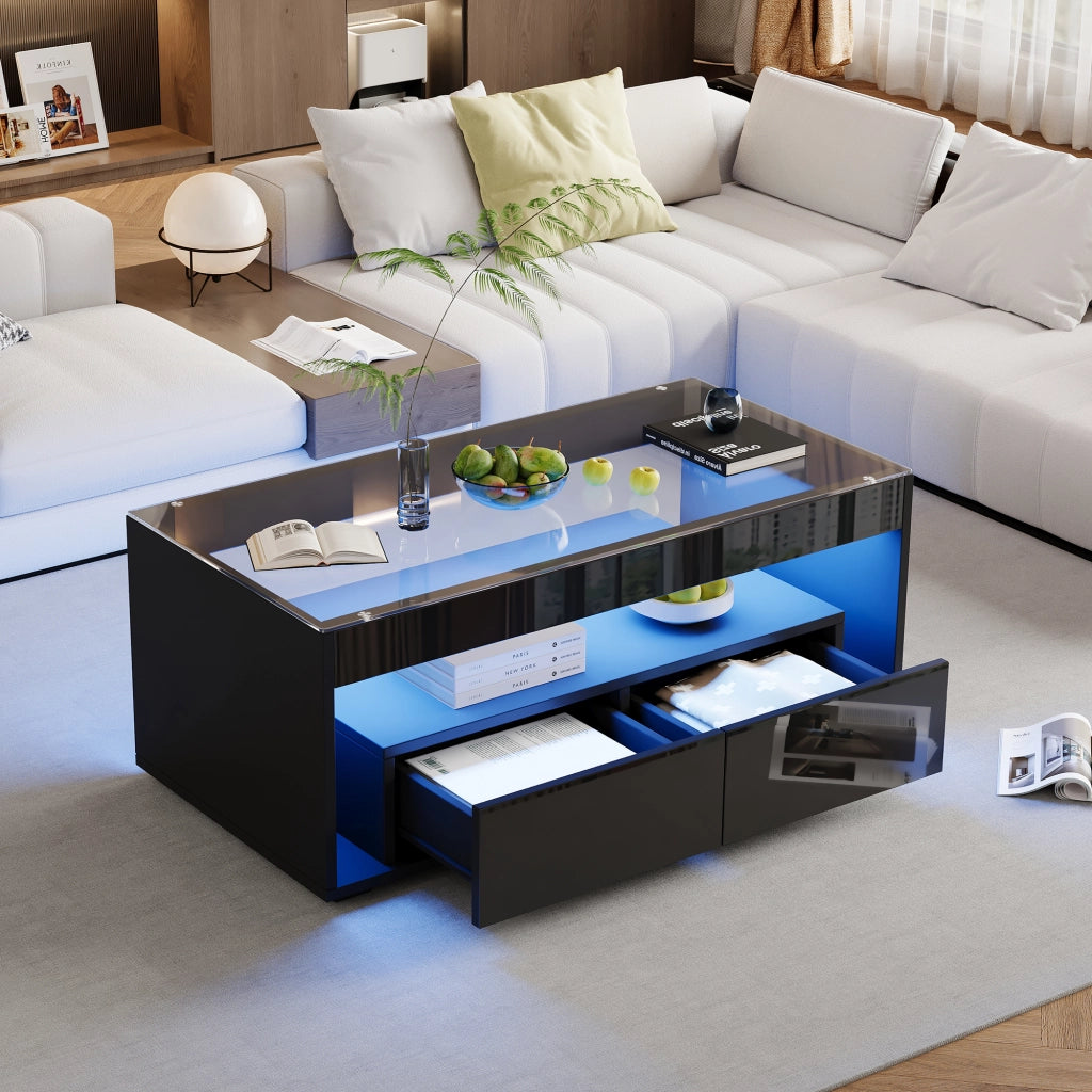 Tavolino da caffè 100x50x40 cm; con LED e 2 cassetti; piano in vetro temperato; truciolare; nero
