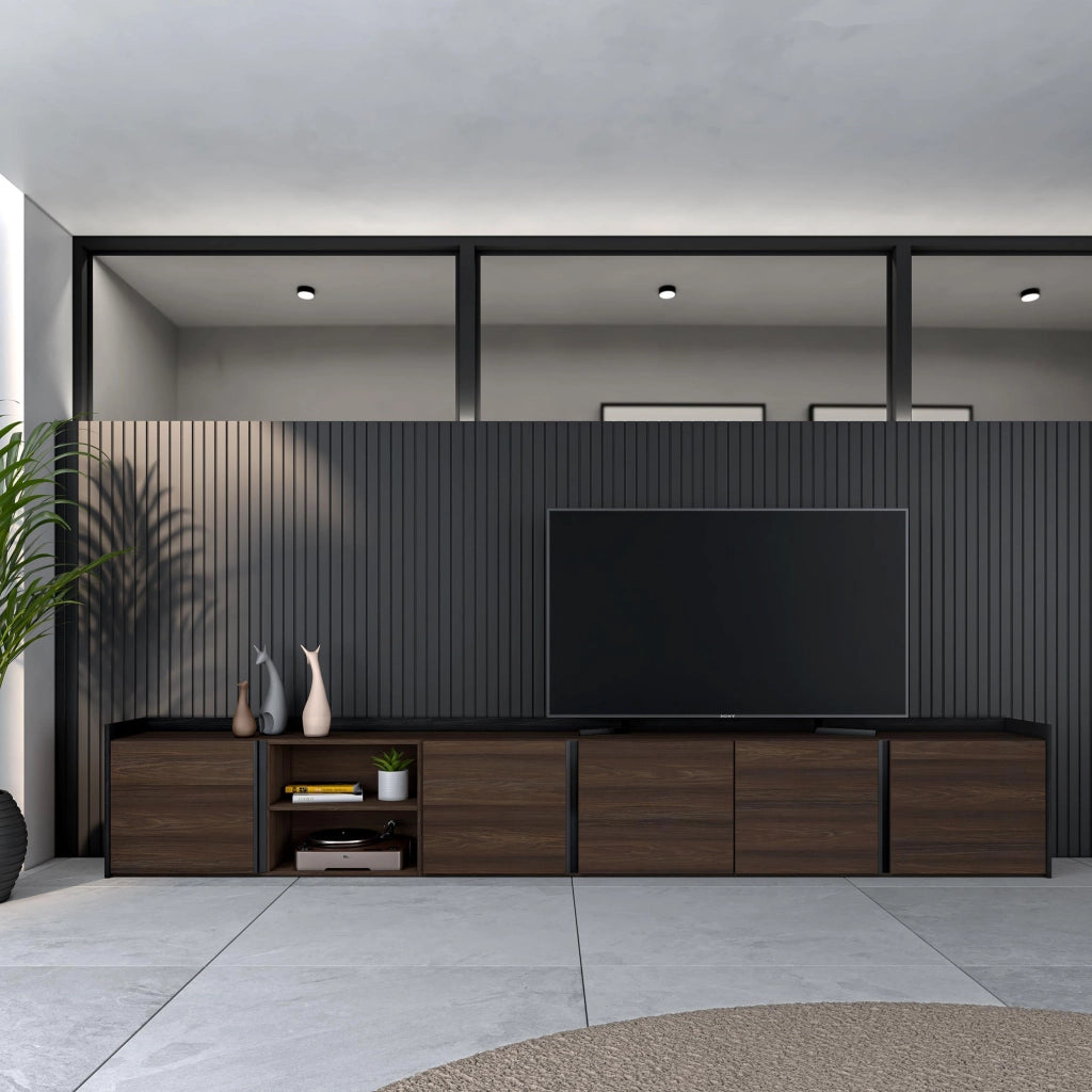 Mobile TV Soggiorno, 309x50x35 cm, Per TV fino a 80", Mobile Soggiorno, Rovere scuro e Nero
