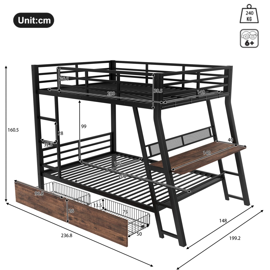 Letto a soppalco 140x200 cm con scrivania; cassetti e LED; metallo; nero