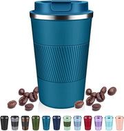 Moka isolata con coperchio a sbieco, 340 ml, tazza di acciaio inossidabile impermeabile, tazza riciclabile con isolamento a vuoto, mantiene calda o fredda il caffè e il tè - blu