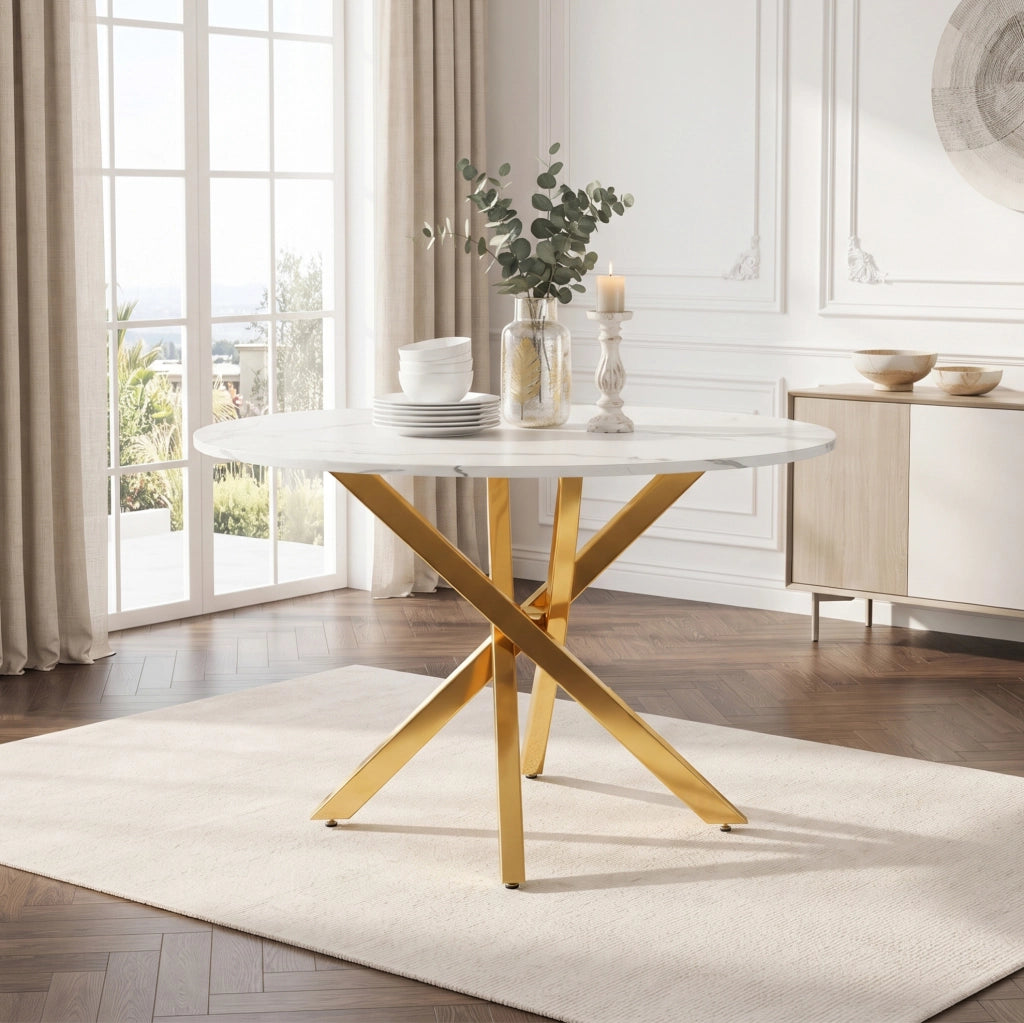 Tavolo rotondo 80 x 80 cm in MDF effetto marmo bianco e oro
