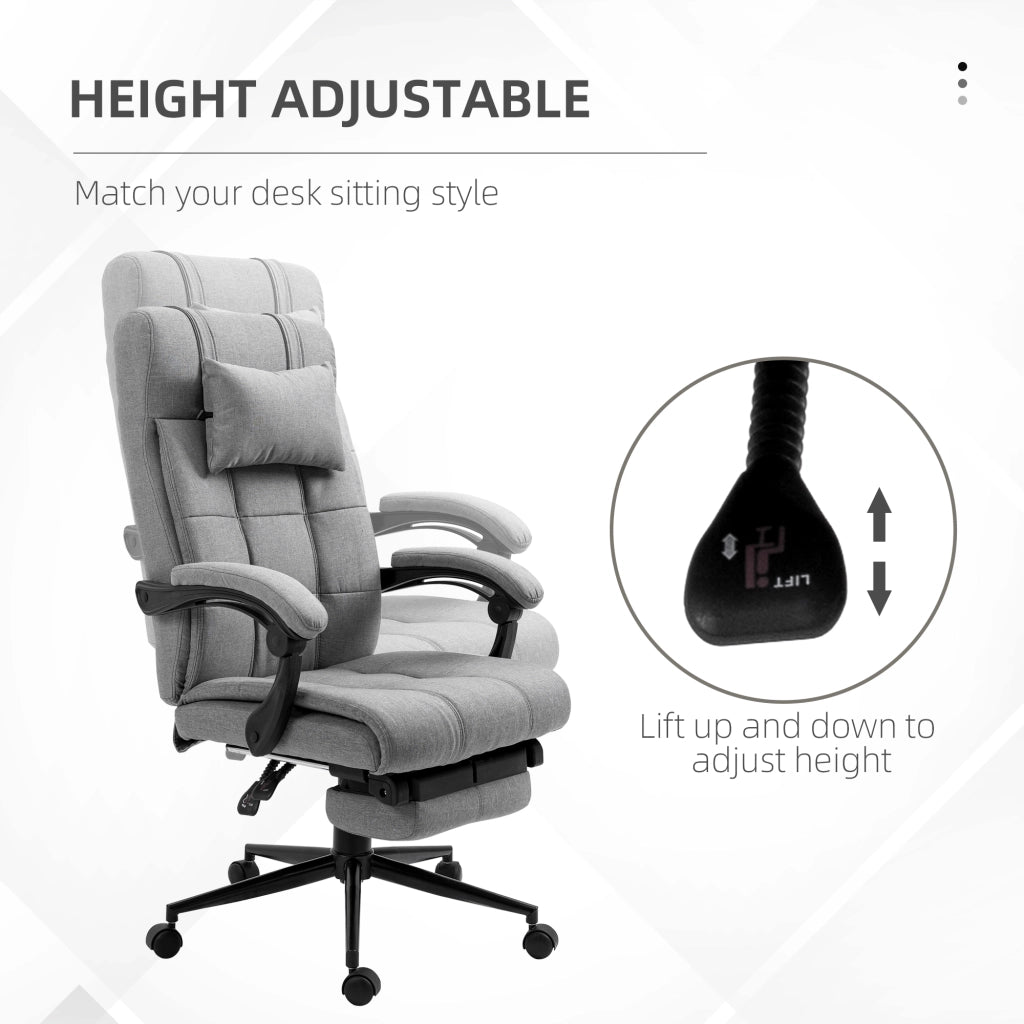 Sedia da ufficio ergonomica girevole con poggiatesta braccioli e poggiapiedi in lino grigio chiaro 66 × 76 × 112-120 cm