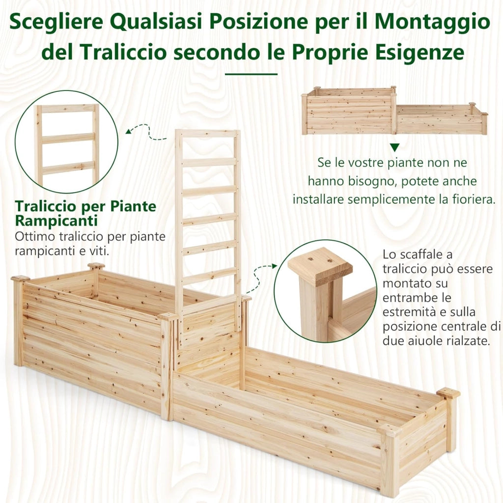 Fioriera Rialzata con Graticcio, Letto da Giardino di Legno a 2 livelli con Fondo Aperto per Verdure, Fiori, Erbe e Frutta, Aiuola Rettangolare per Terrazzo, Giardino e Orto