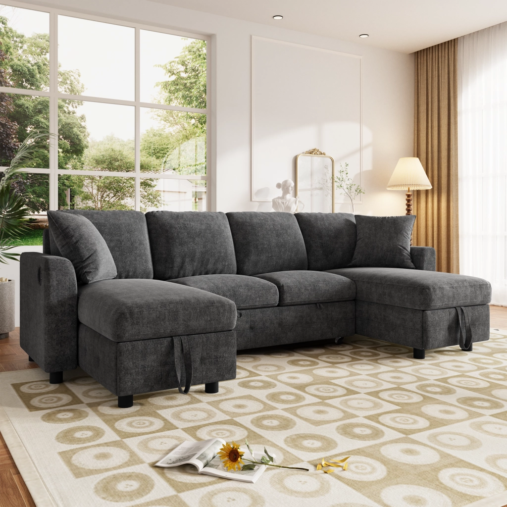 DIVANO LETTO a U con funzione estraibile, 260x128x82 cm, grigio scuro, in chenille