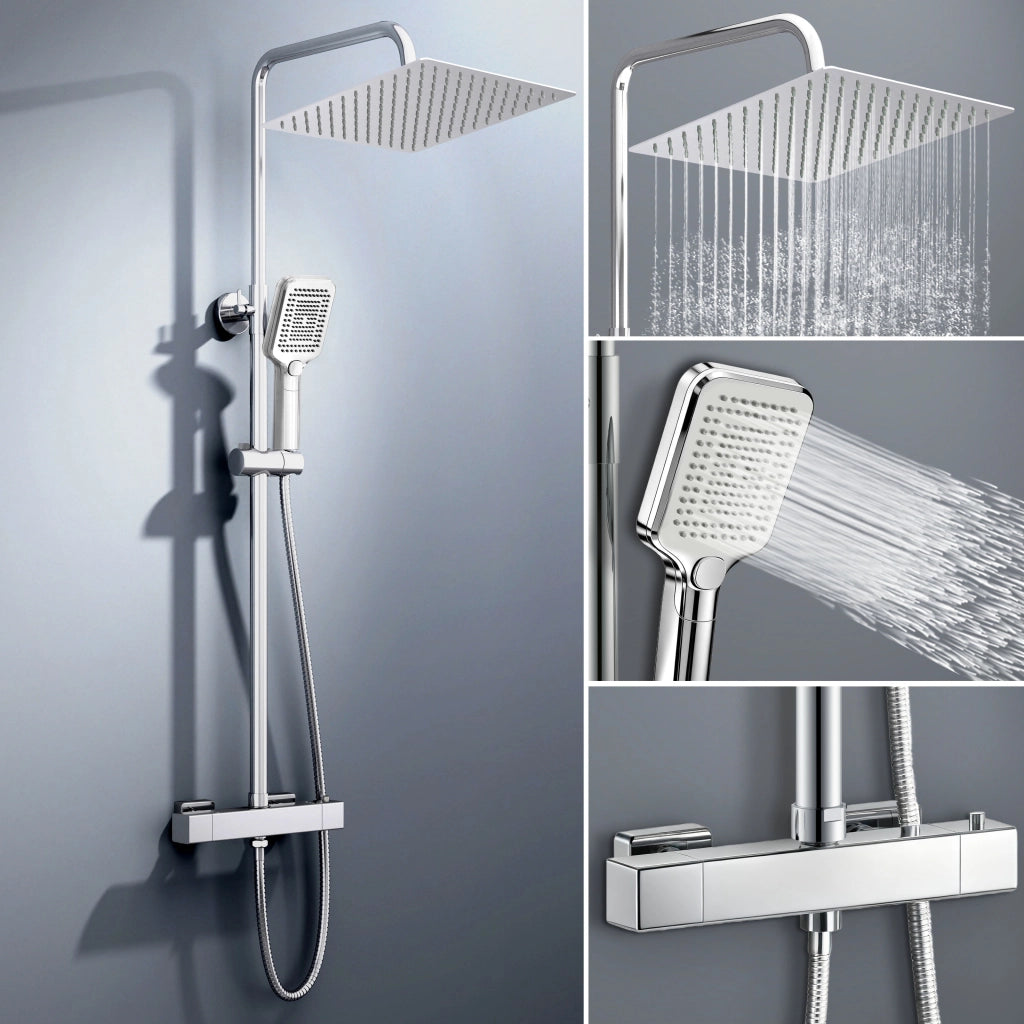 Colonna doccia con miscelatore termostatico, saliscendi doccia tondo regolabile 72-120cm, cromo