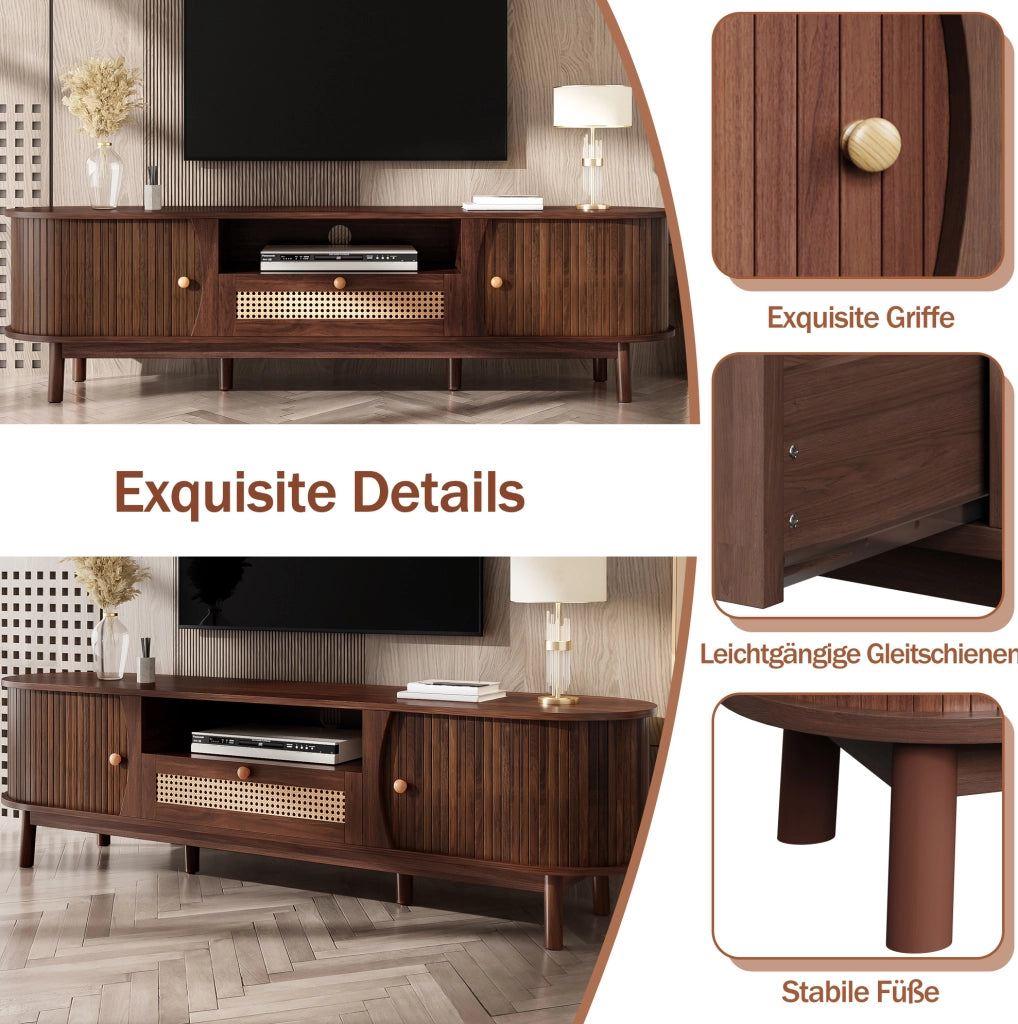Mobile TV in MDF color noce con ante scorrevoli e cassetti in rattan