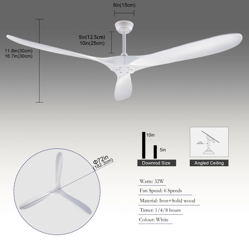 Ventilatore da soffitto 70 pollici bianco con 3 pale in legno; telecomando; senza luce