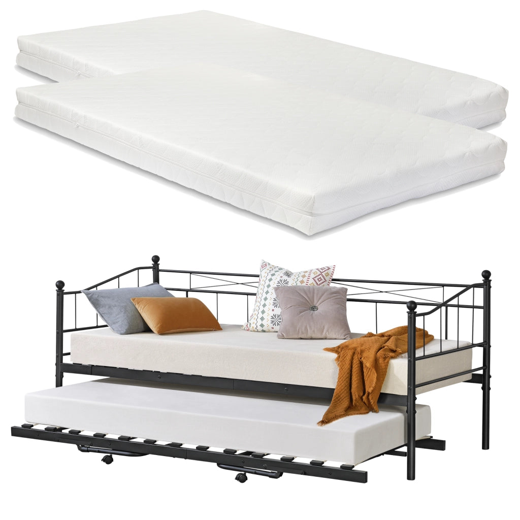 Divano in Metallo con Cornice Decorativa + Letto di Complemento con Gambe Pieghevoli e 4 Ruote, Sofa a 2-3 Posti di Seduta e Secondo Letto Salvaspazio + 2 Materassi 200x90 cm - Nero