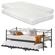 Divano in Metallo con Cornice Decorativa + Letto di Complemento con Gambe Pieghevoli e 4 Ruote, Sofa a 2-3 Posti di Seduta e Secondo Letto Salvaspazio + 2 Materassi 200x90 cm - Nero