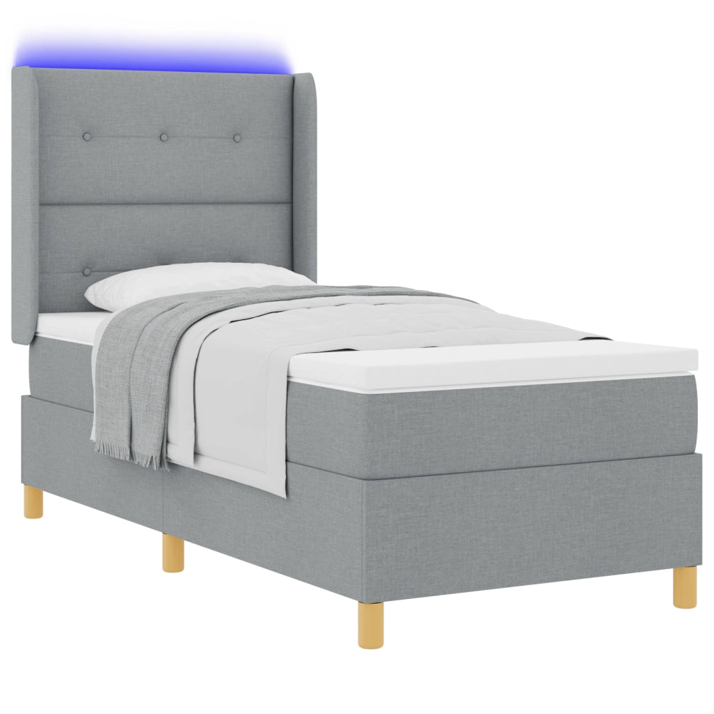 Letto Box Spring con Materasso e Luce LED Grigio Chiaro 90x190 cm Tessuto